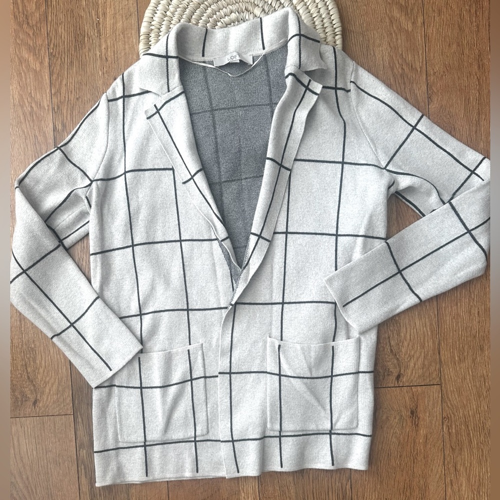 LOFT Women's Cream/Gray Checkered Sweater Blazer